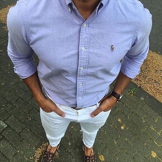 Men's Light Blue Long Sleeve Shirt, White Ripped Jeans, Dark Brown Leather Boat Shoes, Brown Leather Belt
