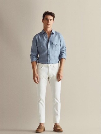 White Jeans with Loafers Summer Outfits For Men In Their 20s: Pair a light blue long sleeve shirt with white jeans for a standout outfit. Add a pair of loafers to the equation for a sense of refinement. Come super hot sunny days you're looking for a look to keep you cool and dapper –– this outfit is perfect for this time. An amazing example for 20-something gents aiming to move their personal style towards maturity.