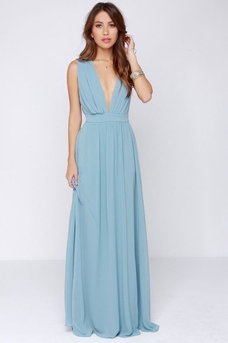 A light blue pleated evening dress? This outfit will make guys go weak in their knees.