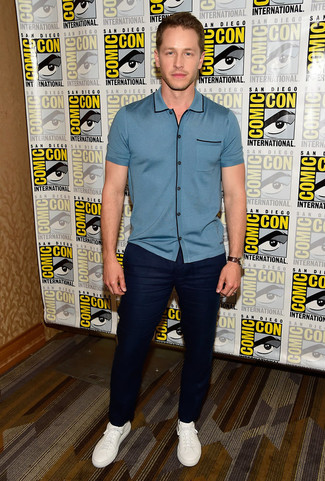 Josh Dallas wearing Light Blue Polo, Navy Chinos, White Leather Low Top Sneakers