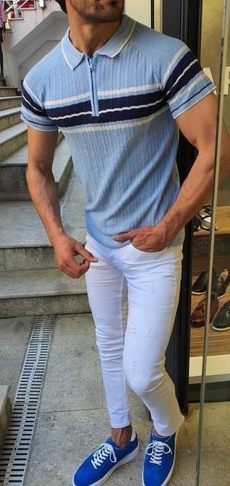 Light Blue Polo Outfits For Men: Team a light blue polo with white ripped jeans for an easy-to-create outfit. Blue canvas low top sneakers are an easy way to punch up your ensemble.