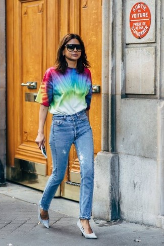 Multi colored Tie-Dye Crew-neck T-shirt Outfits For Women: 
