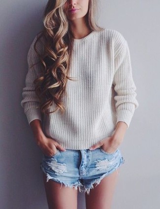 Beige Crew-neck Sweater Outfits For Women: 