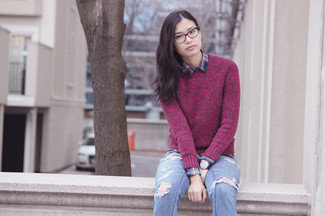 Purple Crew-neck Sweater Outfits For Women: 