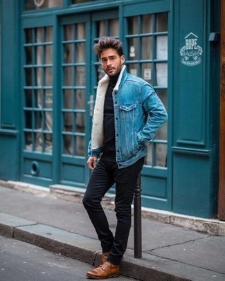 Black Pants with Brown Shoes Outfits For Men: A well-executed combo of a light blue denim shearling jacket and black pants will set you apart instantly. A pair of brown leather casual boots will add elegance to an otherwise simple look.