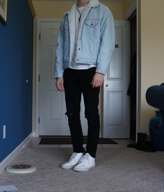 Men's Light Blue Denim Shearling Jacket, White Crew-neck T-shirt, Black Ripped Jeans, White Leather High Top Sneakers