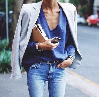 Women's Light Blue Skinny Jeans, Blue V-neck Sweater, Light Blue Blazer