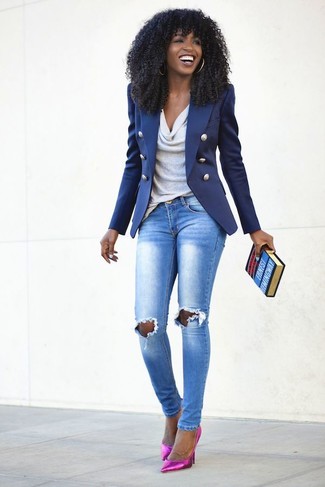 Women's Hot Pink Leather Pumps, Light Blue Ripped Skinny Jeans, Grey Sleeveless Top, Blue Blazer