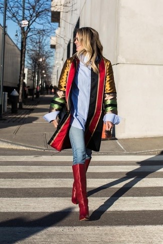 Women's Red Leather Knee High Boots, Light Blue Skinny Jeans, Light Blue Dress Shirt, Multi colored Coat