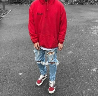 Men's Red Suede Low Top Sneakers, Light Blue Ripped Skinny Jeans, White Crew-neck T-shirt, Red Hoodie