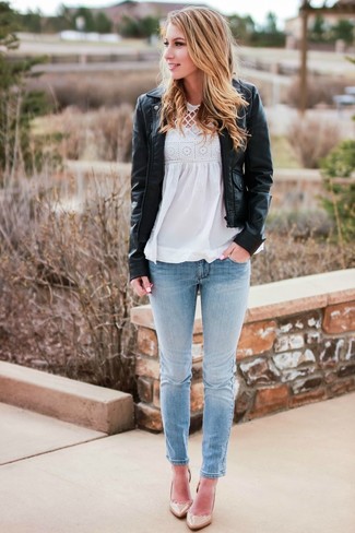 Women's Beige Leather Pumps, Light Blue Skinny Jeans, White Crochet Sleeveless Top, Black Leather Biker Jacket