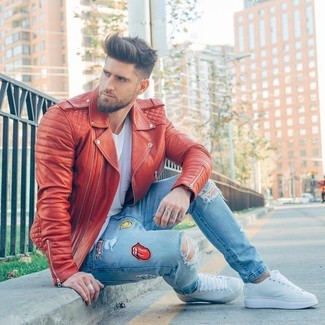 Red Leather Biker Jacket Casual Outfits For Men: 