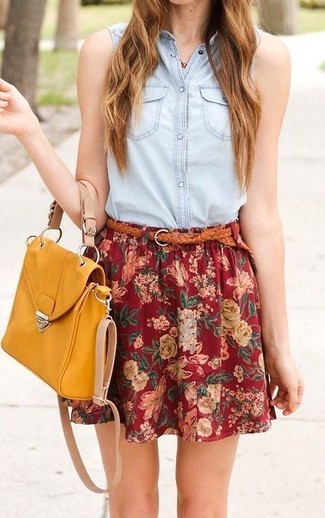 Red Floral Skater Skirt Outfits: A light blue sleeveless button down shirt and a red floral skater skirt are essential in a versatile casual sartorial collection.
