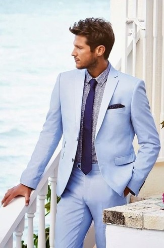 Navy and White Polka Dot Pocket Square Outfits: A light blue suit and a navy and white polka dot pocket square have become indispensable wardrobe styles for most gents.