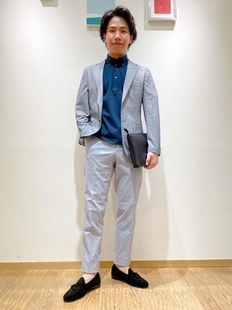 Aquamarine Suit Outfits: Putting together an aquamarine suit and a navy polo is a fail-safe way to infuse your styling routine with some laid-back sophistication. If you wish to instantly smarten up your getup with shoes, add black suede tassel loafers.
