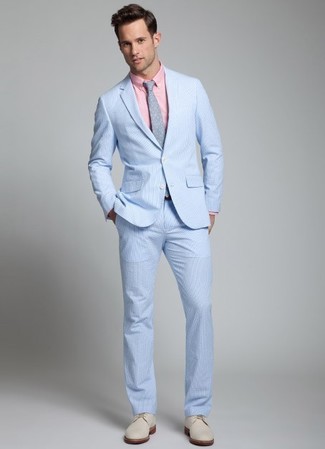 Men's Light Blue Seersucker Suit, Pink Dress Shirt, Beige Suede Derby Shoes, Grey Polka Dot Tie