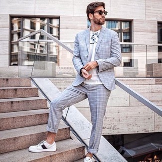 Men's Light Blue Plaid Suit, White and Navy Print Crew-neck T-shirt, White Print Leather Low Top Sneakers, Dark Brown Sunglasses