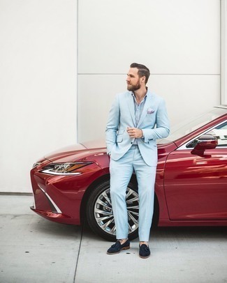 Blue Suede Tassel Loafers Outfits: A light blue suit looks especially sophisticated when paired with a white and navy vertical striped dress shirt in a modern man's look. Complement this look with blue suede tassel loafers and off you go looking amazing.