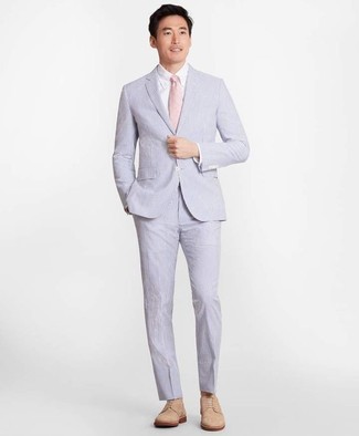 Men's Light Blue Seersucker Suit, White Dress Shirt, Tan Suede Derby Shoes, Pink Tie