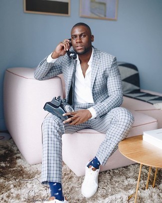 Light Blue Check Suit Outfits: For classy style with a clear fashion twist, pair a light blue check suit with a white dress shirt. And if you want to immediately dial down this look with footwear, introduce white canvas low top sneakers to the mix.