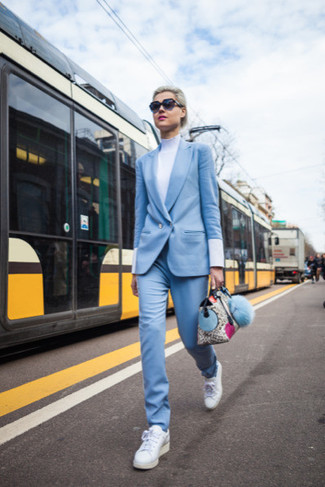 Women's Light Blue Suit, White Turtleneck, White Low Top Sneakers