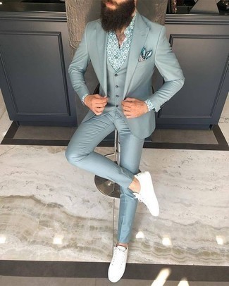 Light Blue Three Piece Suit Outfits: One of our favorite ways to style out such an essential piece as a light blue three piece suit is to combine it with a mint print dress shirt. Feeling adventerous today? Play down this look by rocking a pair of white leather low top sneakers.