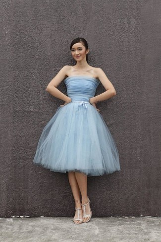 Women's Light Blue Tulle Party Dress, Beige Leather Heeled Sandals