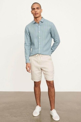 Men's Light Blue Vertical Striped Long Sleeve Shirt, Beige Shorts, White Canvas Low Top Sneakers