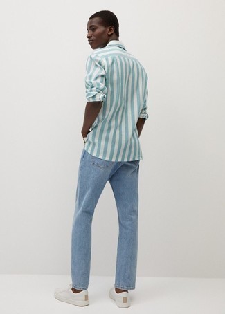 Men's Light Blue Vertical Striped Long Sleeve Shirt, Light Blue Jeans, White Leather Low Top Sneakers