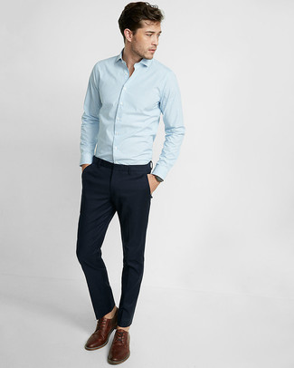Men's Light Blue Vertical Striped Long Sleeve Shirt, Navy Chinos, Brown Leather Derby Shoes