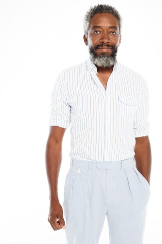 Light Blue Vertical Striped Seersucker Dress Pants Outfits For Men: 
