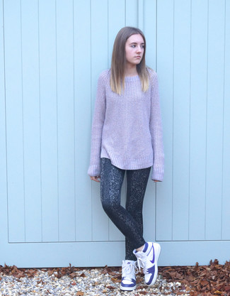 Women's Light Violet Knit Oversized Sweater, Charcoal Leopard Leggings, White Leather High Top Sneakers