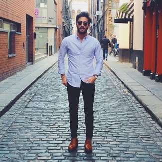 Light Violet Long Sleeve Shirt Outfits For Men: A light violet long sleeve shirt and black chinos are a great outfit worth having in your current fashion mix. Complete your ensemble with brown leather derby shoes to instantly shake up the outfit.