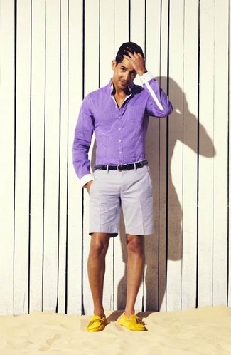 Light Violet Long Sleeve Shirt Outfits For Men: Try teaming a light violet long sleeve shirt with grey shorts for a laid-back and trendy ensemble. Yellow leather driving shoes integrate effortlessly within many looks.