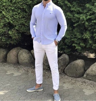 Light Violet Long Sleeve Shirt Outfits For Men: For a casually dapper getup, wear a light violet long sleeve shirt with white chinos — these items work beautifully together. Light blue canvas slip-on sneakers are a savvy option to finish this ensemble.