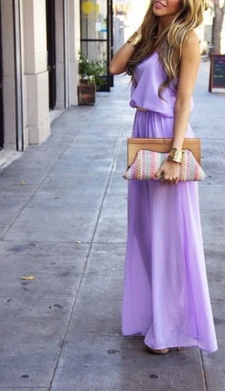 Women's Light Violet Maxi Dress, Beige Suede Heeled Sandals, Light Violet Vertical Striped Canvas Clutch, Gold Bracelet