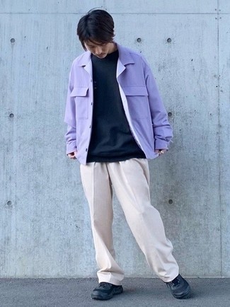 Light Violet Shirt Jacket Outfits For Men: A light violet shirt jacket and beige chinos matched together are a sartorial dream for gentlemen who love effortlessly neat combinations. Go off the beaten path and change up your outfit by sporting black athletic shoes.