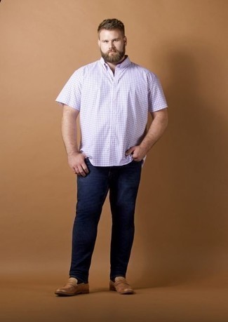 Light Violet Check Short Sleeve Shirt Outfits For Men: For a laid-back outfit, pair a light violet check short sleeve shirt with navy jeans — these items fit well together. And it's amazing what tan leather loafers can do for the outfit.
