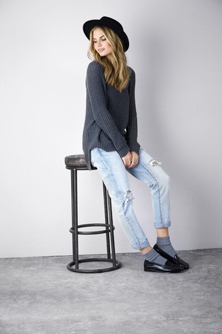 Charcoal Knit Oversized Sweater with Black Leather Loafers Outfits: 
