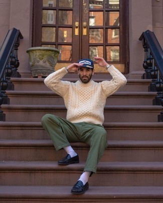 Men's Navy and White Print Baseball Cap, Navy Leather Loafers, Olive Chinos, Beige Cable Sweater