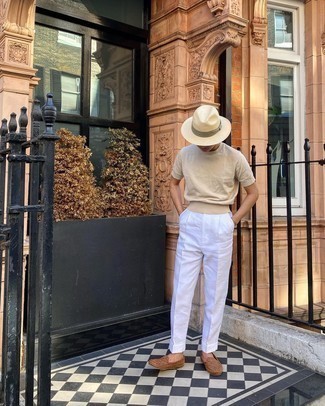 Beige Straw Hat Hot Weather Outfits For Men: 
