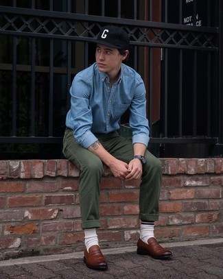 Men's Black and White Print Baseball Cap, Brown Leather Loafers, Olive Chinos, Light Blue Denim Shirt