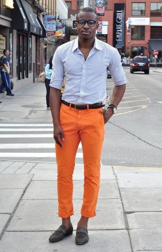 Men's Dark Brown Leather Belt, Charcoal Suede Loafers, Orange Chinos, Light Blue Vertical Striped Dress Shirt