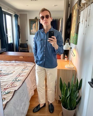 Men's Dark Brown Sunglasses, Black Leather Loafers, White Chinos, Blue Chambray Long Sleeve Shirt