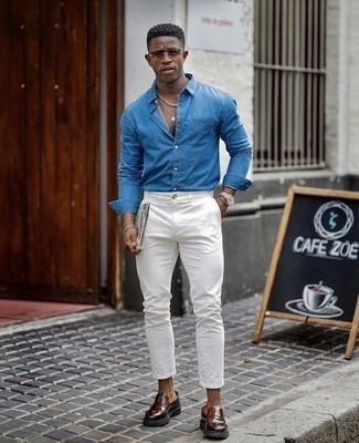 Men's Brown Sunglasses, Dark Brown Leather Loafers, White Chinos, Blue Chambray Long Sleeve Shirt