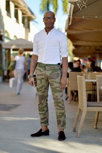Men's Green Canvas Belt, Black Suede Loafers, Olive Camouflage Chinos, White Long Sleeve Shirt
