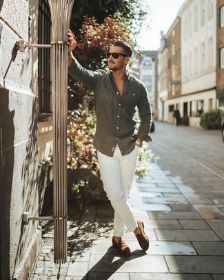 Grey Linen Long Sleeve Shirt Outfits For Men: 