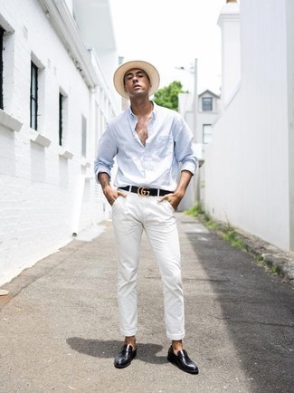 Men's Beige Straw Hat, Black Leather Loafers, White Chinos, Light Blue Long Sleeve Shirt