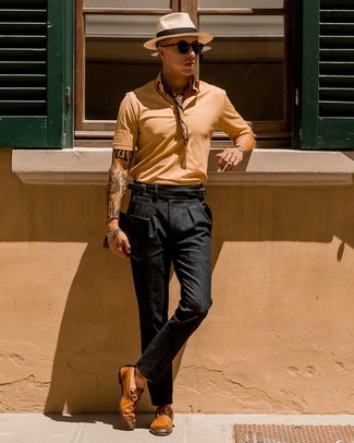 Men's Beige Bandana, Tobacco Leather Loafers, Black Chinos, Tan Polo
