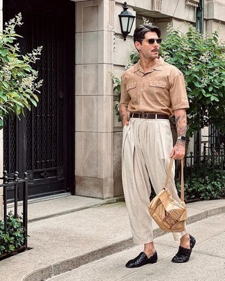 Men's Tan Leather Messenger Bag, Black Woven Leather Loafers, White Chinos, Tan Short Sleeve Shirt